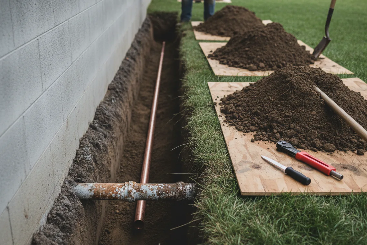 Excavated water line trench during Water Softener Installation in Amityville
